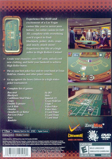 
High Rollers Casino | PlayStation 2 | back cover | Region: North America | source-country=United States | Data by MobyGames.com