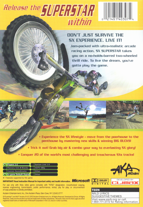 
SX Superstar | Xbox | back cover | Data by MobyGames.com