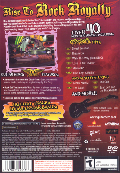Guitar Hero: Aerosmith | PlayStation 2 | back cover | region=North America | source-country=United States | zypher-v2 | moby-cdf93875a977 | Data by MobyGames.com