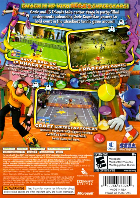 SEGA Superstars Tennis | Xbox 360 | back cover | region=North America | source-country=United States | zypher-v2 | moby-c43bfc22cb21 | Data by MobyGames.com