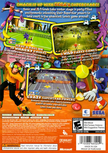 SEGA Superstars Tennis | Xbox 360 | back cover | region=North America | source-country=United States | zypher-v2 | moby-c43bfc22cb21 | Data by MobyGames.com