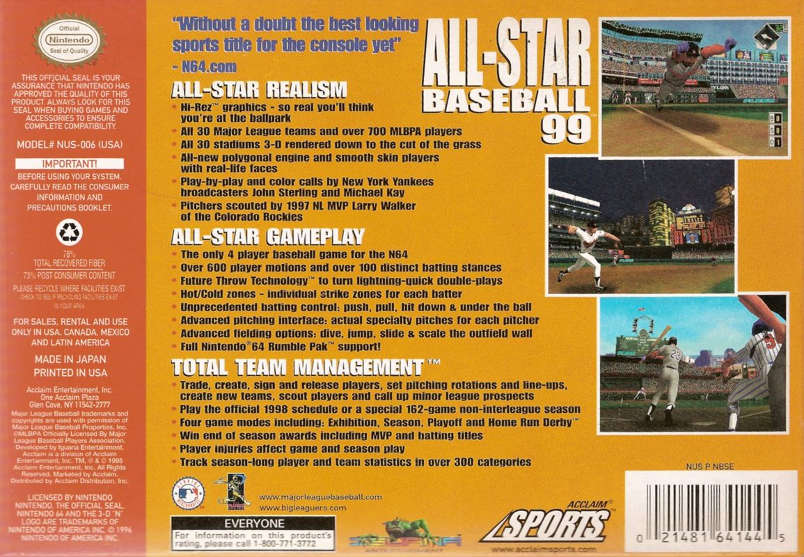 All-Star Baseball 99 | Nintendo 64 | back cover | region=North America | source-country=Canada,Mexico,United States | zypher-v2 | moby-bd7fccfe7b5e | Data by MobyGames.com