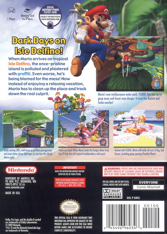 Super Mario Sunshine | GameCube | back cover | region=North America | source-country=United States | zypher-v2 | moby-decab6b68037 | Data by MobyGames.com