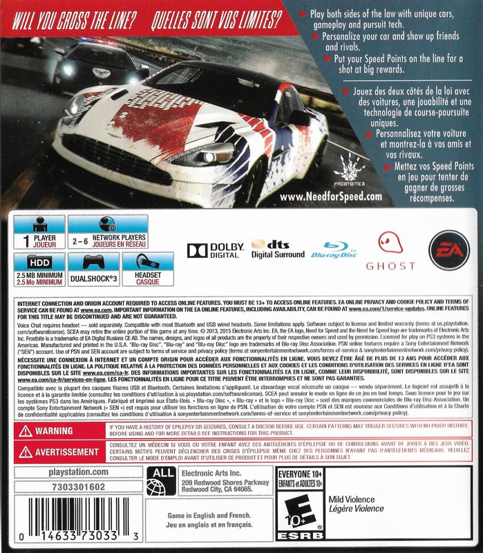Need for Speed: Rivals | PlayStation 3 | back cover | region=North America | source-country=Canada,Mexico,United States | zypher-v2 | moby-4aa20479001f | Data by MobyGames.com