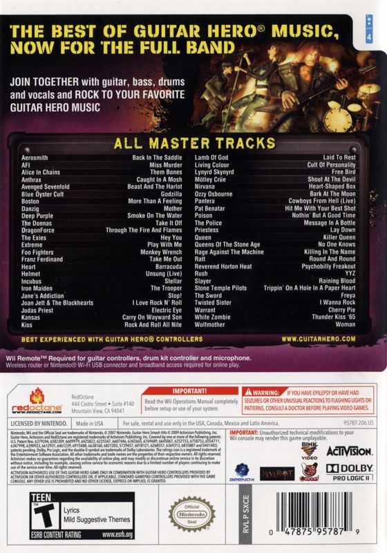 Guitar Hero: Smash Hits | Wii | back cover | region=North America | source-country=United States | zypher-v2 | moby-965e8f05e09a | Data by MobyGames.com