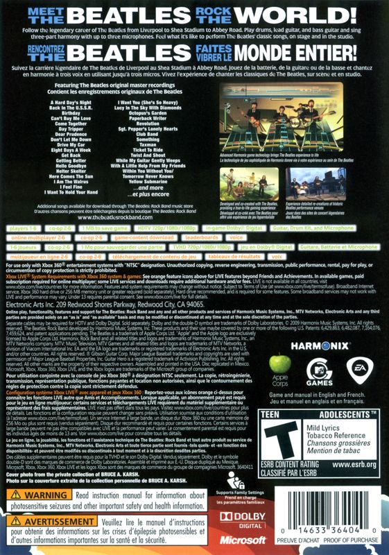 The Beatles: Rock Band | Xbox 360 | back cover | region=North America | source-country=Canada,United States | zypher-v2 | moby-89c67f8c187b | Data by MobyGames.com