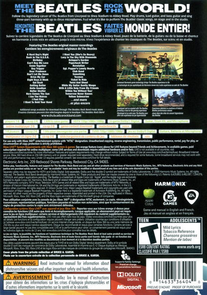 The Beatles: Rock Band | Xbox 360 | back cover | region=North America | source-country=Canada,United States | zypher-v2 | moby-89c67f8c187b | Data by MobyGames.com