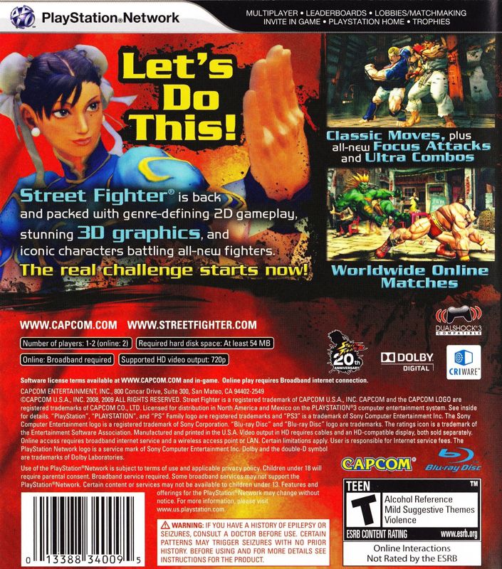 Street Fighter IV | PlayStation 3 | back cover | region=North America | source-country=Canada,Mexico,United States | zypher-v2 | moby-269752afd470 | Data by MobyGames.com