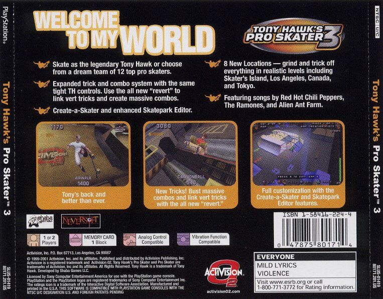 
Tony Hawk's Pro Skater 3 | PlayStation | back cover | Data by MobyGames.com