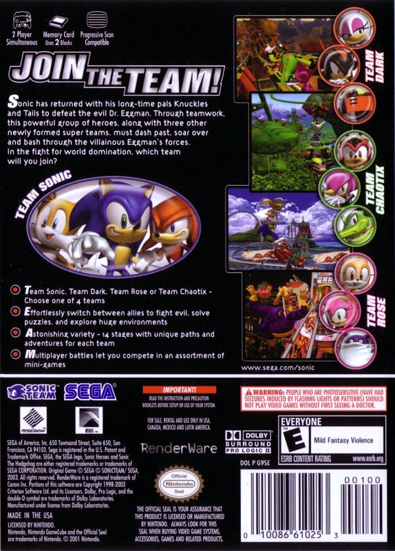 Sonic Heroes | GameCube | back cover | region=North America | source-country=United States | zypher-v2 | moby-89e3336b21bd | Data by MobyGames.com