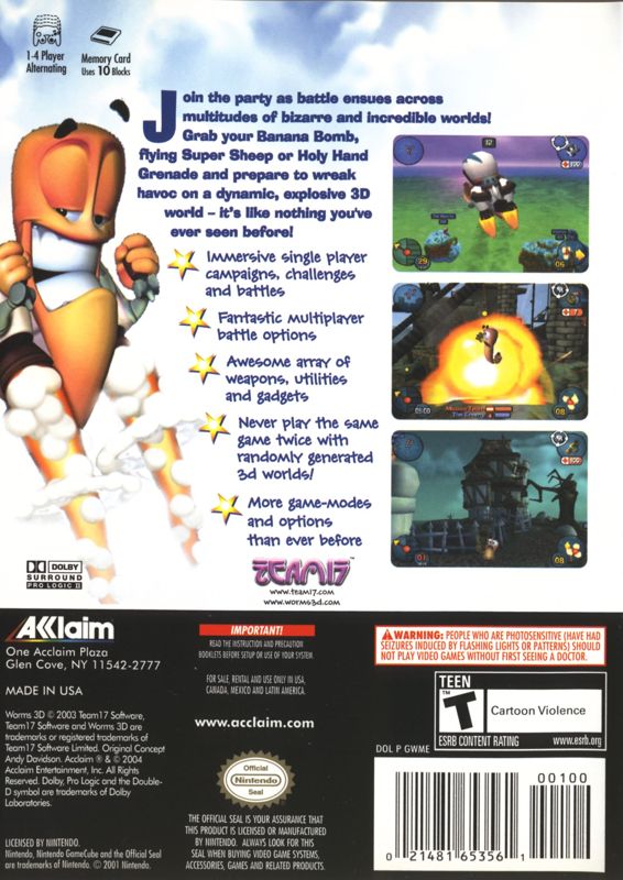 Worms 3D | GameCube | back cover | Region: North America | source-country=Argentina,Brazil,Canada,Chile,Colombia,Mexico,United States,Uruguay | Data by MobyGames.com