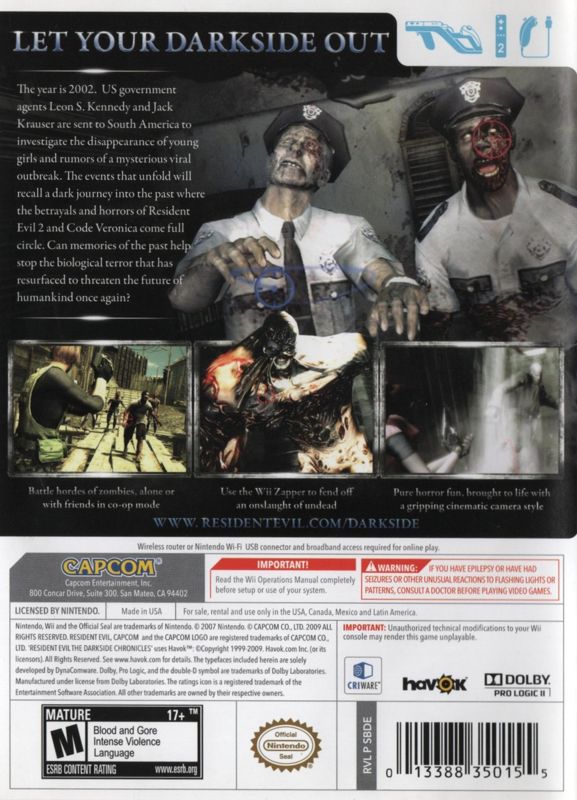 Resident Evil: The Darkside Chronicles | Wii | back cover | Data by MobyGames.com