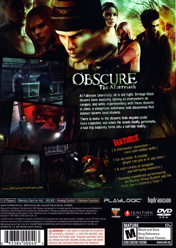 Obscure: The Aftermath | PlayStation 2 | back cover | moby-27a4399dd447 | Data by MobyGames.com