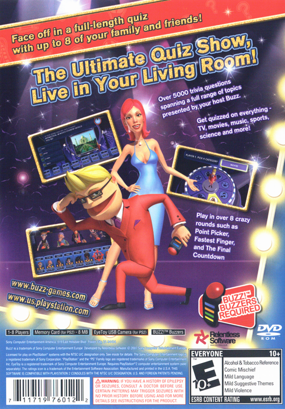 Buzz! The Mega Quiz | PlayStation 2 | back cover | Data by MobyGames.com