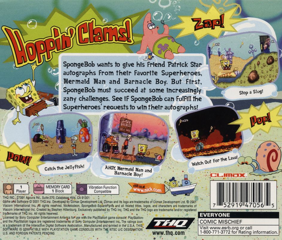 SpongeBob SquarePants: SuperSponge | PlayStation | back cover | region=North America | source-country=United States | zypher-v2 | moby-3963c730f835 | Data by MobyGames.com