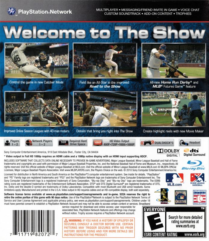 MLB 10: The Show | PlayStation 3 | back cover | region=North America | source-country=United States | zypher-v2 | moby-f0aef2689ad3 | Data by MobyGames.com