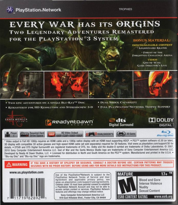 God of War: Origins Collection | PlayStation 3 | back cover | region=North America | source-country=United States | zypher-v2 | moby-75a323c0782e | Data by MobyGames.com