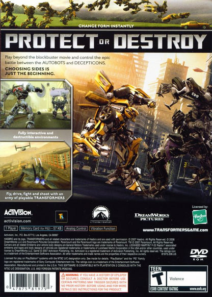 
Transformers: The Game | PlayStation 2 | back cover | Region: North America | source-country=United States | Data by MobyGames.com