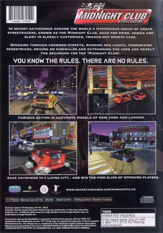 Midnight Club: Street Racing | PlayStation 2 | back cover | region=North America | source-country=Canada,United States | zypher-v2 | moby-120fde6c49c7 | Data by MobyGames.com