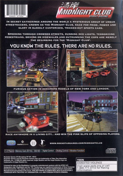 Midnight Club: Street Racing | PlayStation 2 | back cover | region=North America | source-country=Canada,United States | zypher-v2 | moby-120fde6c49c7 | Data by MobyGames.com
