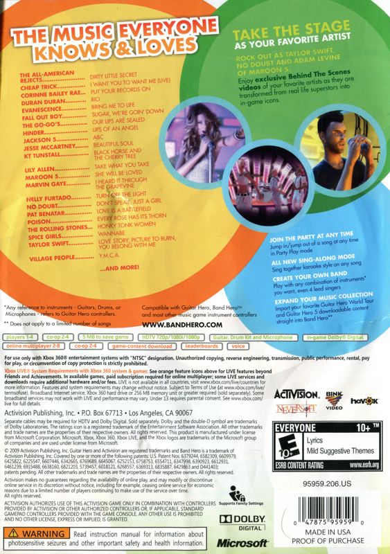 
Band Hero | Xbox 360 | back cover | Region: North America | source-country=United States | Data by MobyGames.com