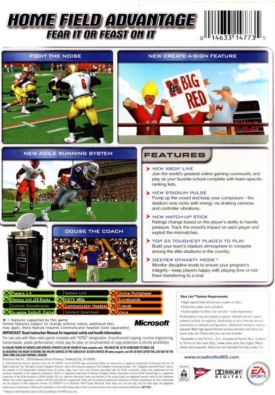 
NCAA Football 2005 | Xbox | back cover | Data by MobyGames.com