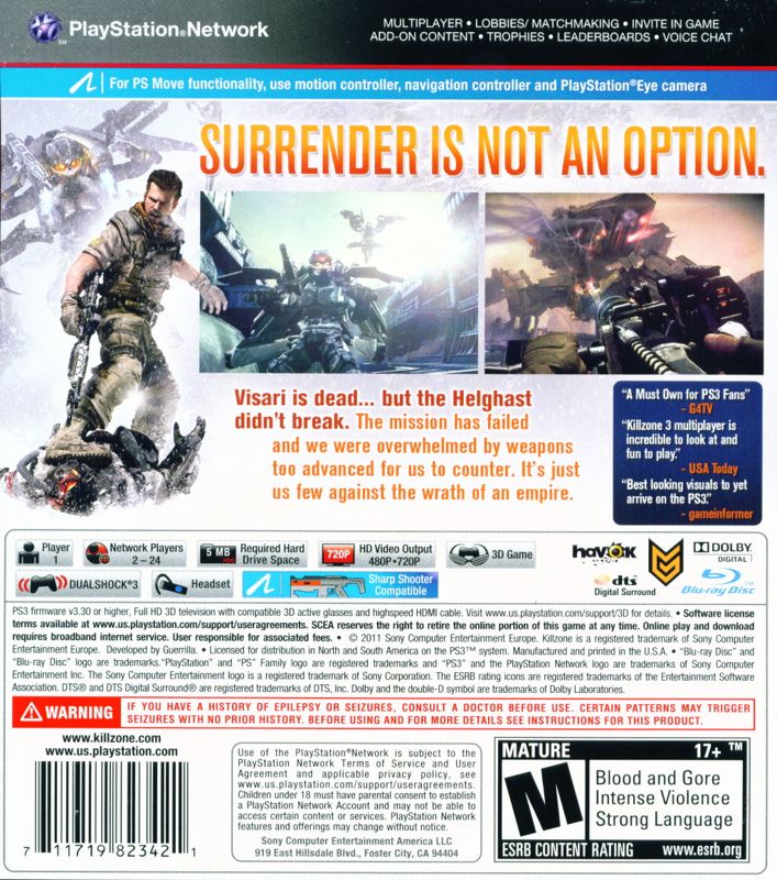 
Killzone 3 | PlayStation 3 | back cover | Region: North America | source-country=Canada,United States | Data by MobyGames.com