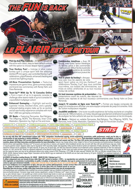 NHL 2K9 | Xbox 360 | back cover | region=North America | source-country=Canada,United States | zypher-v2 | moby-0c2c7fa45289 | Data by MobyGames.com