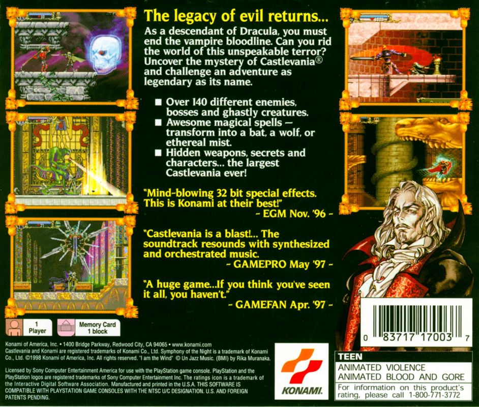 
Castlevania: Symphony of the Night | PlayStation | back cover | Data by MobyGames.com