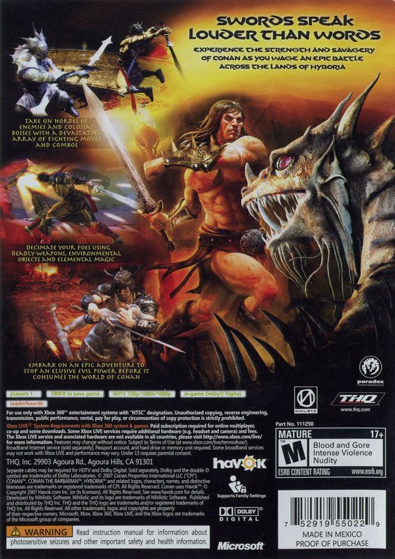 Conan | Xbox 360 | back cover | region=North America | source-country=United States | zypher-v2 | moby-dabf5c82c301 | Data by MobyGames.com
