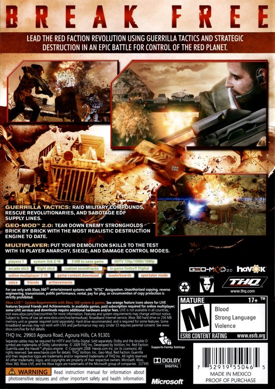 Red Faction: Guerrilla | Xbox 360 | back cover | region=North America | source-country=United States | zypher-v2 | moby-838403d17f15 | Data by MobyGames.com