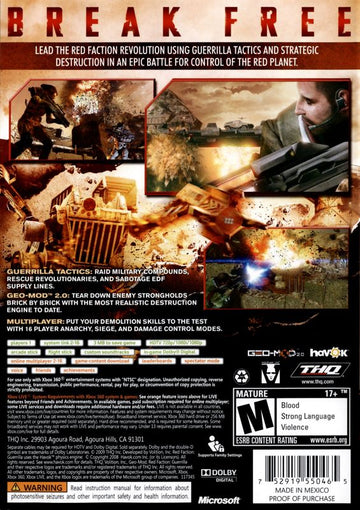 Red Faction: Guerrilla | Xbox 360 | back cover | region=North America | source-country=United States | zypher-v2 | moby-838403d17f15 | Data by MobyGames.com