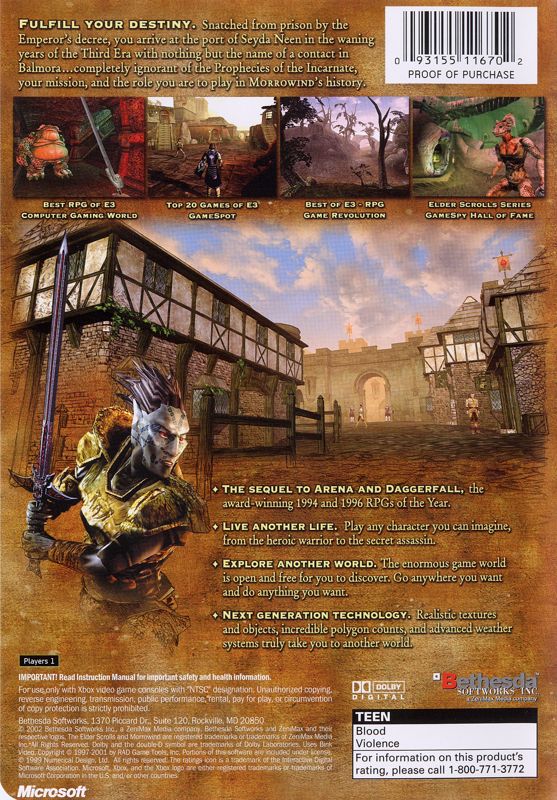 
The Elder Scrolls III: Morrowind | Xbox | back cover | Region: North America | source-country=Canada,United States | Data by MobyGames.com