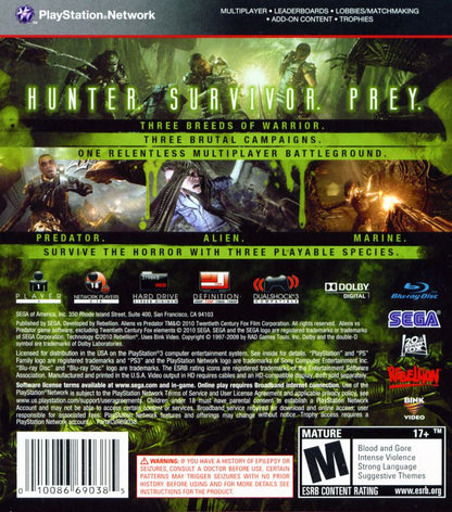 
Aliens vs Predator | PlayStation 3 | back cover | Data by MobyGames.com
