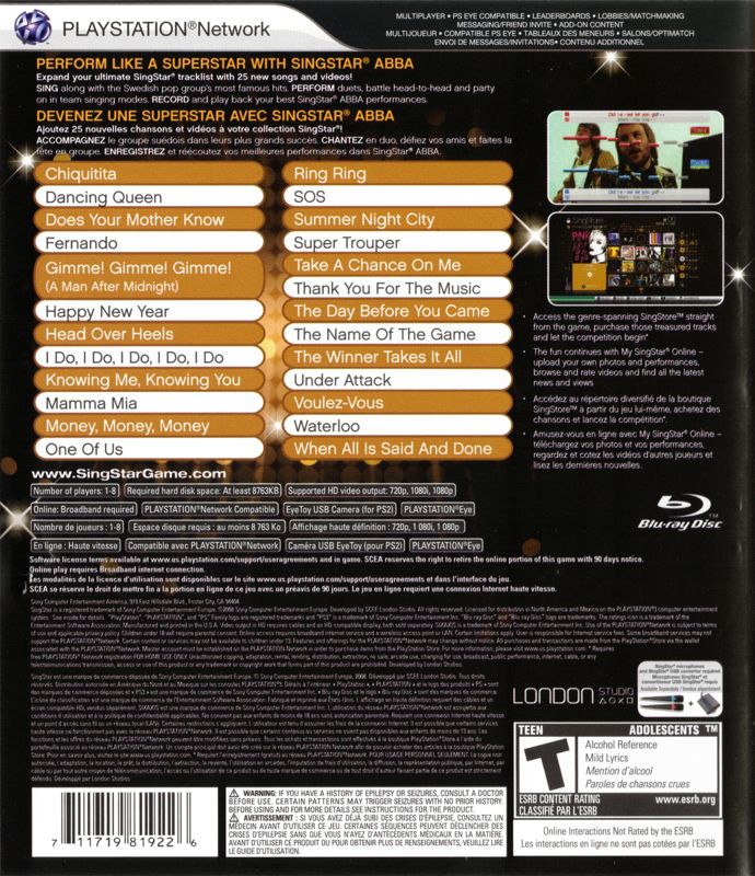 
SingStar: ABBA | PlayStation 3 | back cover | Region: North America | source-country=Canada | Data by MobyGames.com