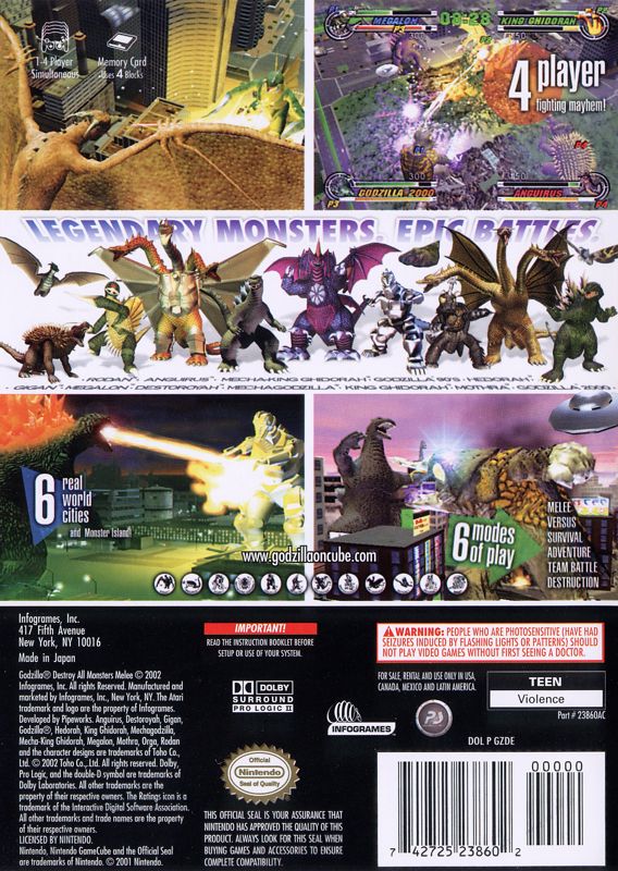 Godzilla: Destroy All Monsters Melee | GameCube | back cover | region=North America | source-country=Canada,Mexico,United States | zypher-v2 | moby-7b77c4dd06da | Data by MobyGames.com