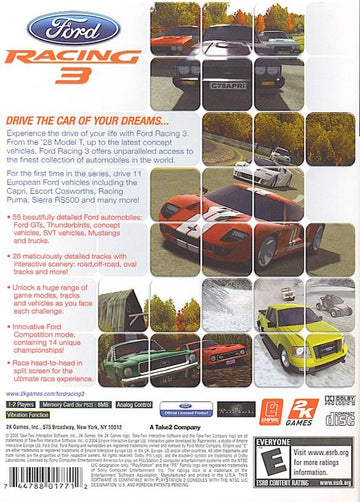 Ford Racing 3 | PlayStation 2 | back cover | region=North America | source-country=United States | zypher-v2 | moby-008a4fc5f562 | Data by MobyGames.com