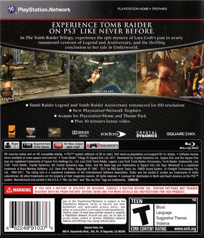 The Tomb Raider Trilogy | PlayStation 3 | back cover | region=North America | source-country=United States | zypher-v2 | moby-828b072e1cd3 | Data by MobyGames.com