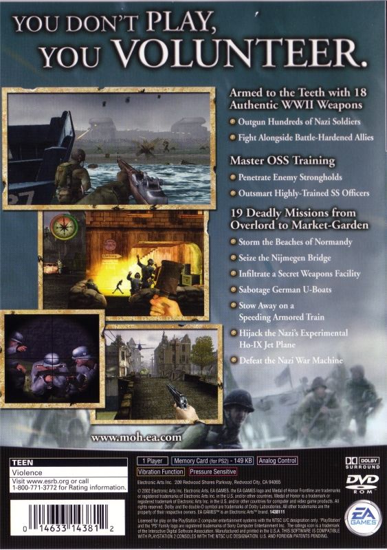 Medal of Honor: Frontline | PlayStation 2 | back cover | region=North America | source-country=Canada,United States | zypher-v2 | moby-3cf654780b45 | Data by MobyGames.com