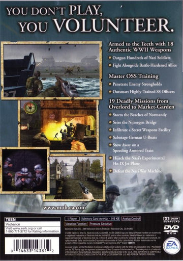 Medal of Honor: Frontline | PlayStation 2 | back cover | region=North America | source-country=Canada,United States | zypher-v2 | moby-3cf654780b45 | Data by MobyGames.com