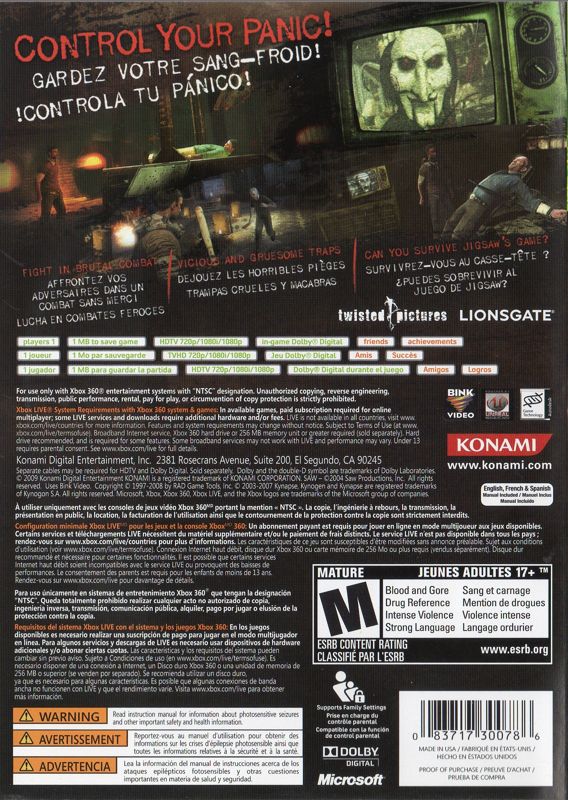 
Saw | Xbox 360 | back cover | Data by MobyGames.com