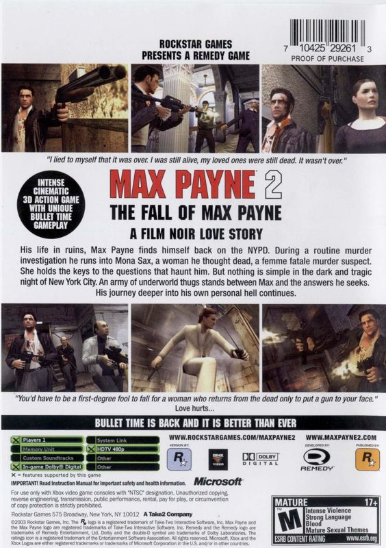 
Max Payne 2: The Fall of Max Payne | Xbox | back cover | Data by MobyGames.com