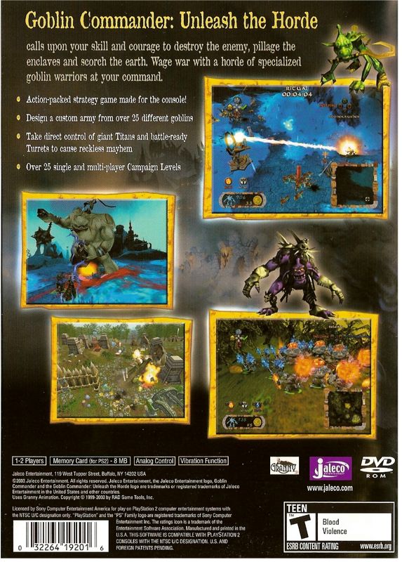 Goblin Commander: Unleash the Horde | PlayStation 2 | back cover | Region: North America | source-country=United States | Data by MobyGames.com