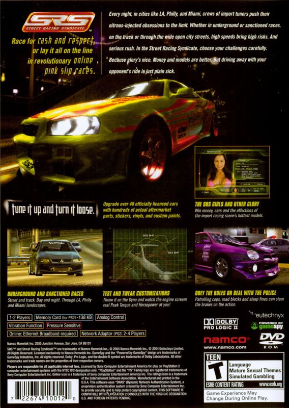 SRS: Street Racing Syndicate | PlayStation 2 | back cover | region=North America | source-country=Canada,United States | zypher-v2 | moby-51ca3fb8002f | Data by MobyGames.com
