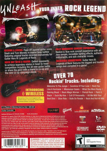 Guitar Hero III: Legends of Rock | PlayStation 2 | back cover | region=North America | source-country=United States | zypher-v2 | moby-616c030d7849 | Data by MobyGames.com