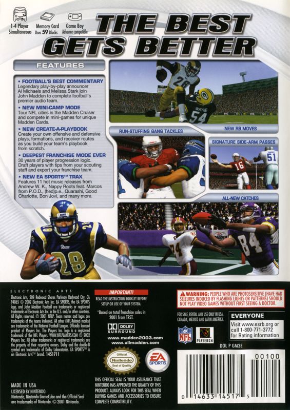 Madden NFL 2003 | GameCube | back cover | region=North America | source-country=Canada,United States | zypher-v2 | moby-d21ff234daf9 | Data by MobyGames.com