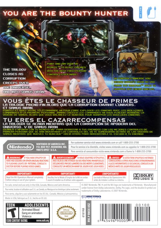 Metroid Prime 3: Corruption | Wii | back cover | region=North America | source-country=Canada,Mexico,Other,United States | zypher-v2 | moby-75af78a1ebf6 | Data by MobyGames.com