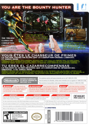 Metroid Prime 3: Corruption | Wii | back cover | region=North America | source-country=Canada,Mexico,Other,United States | zypher-v2 | moby-75af78a1ebf6 | Data by MobyGames.com