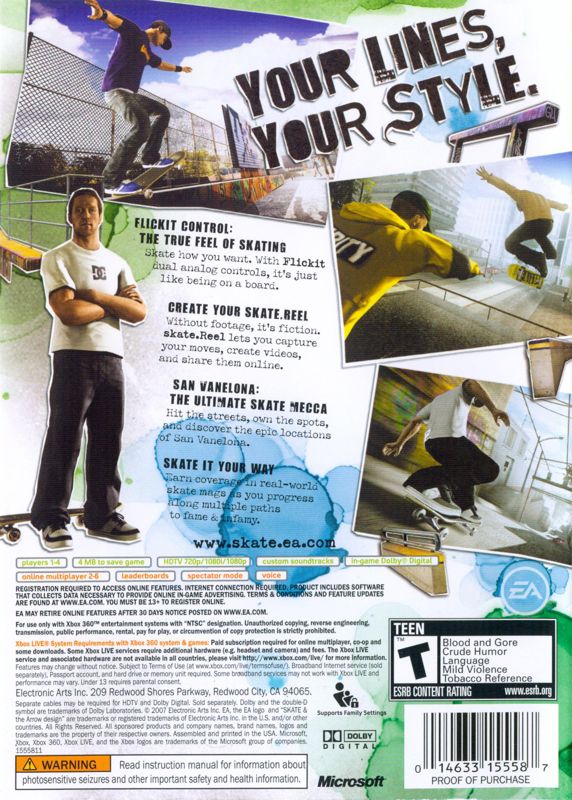 skate. | Xbox 360 | back cover | region=North America | source-country=United States | zypher-v2 | moby-ad14855d09a7 | Data by MobyGames.com