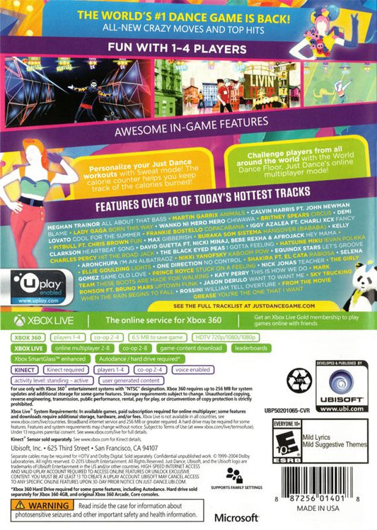 Just Dance 2016 | Xbox 360 | back cover | region=North America | source-country=United States | zypher-v2 | moby-8be59f5b7506 | Data by MobyGames.com
